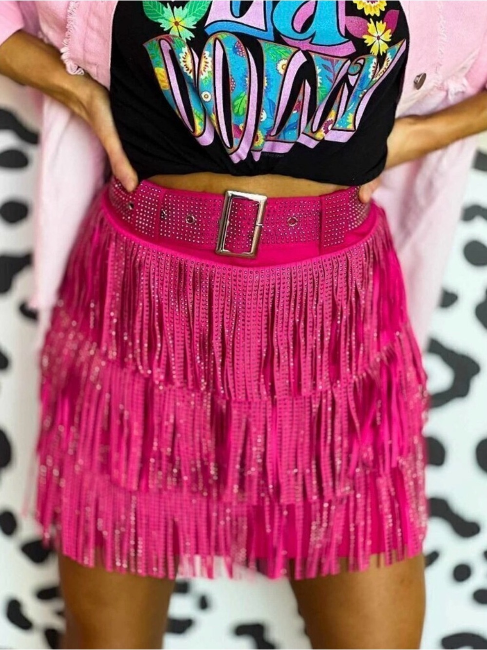 Nylon Apparel Pink rhinestone Fringe Skort Set Cropped Tank + Mini Skirt Small - Picture 9 of 14
